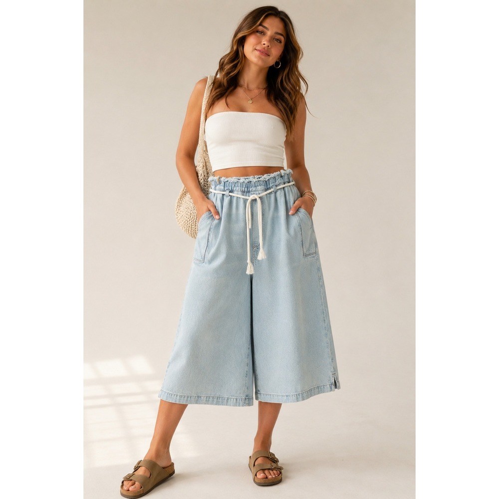 Pilcro and the Letterpress Light Blue Wide-Leg Cropped Denim Pants